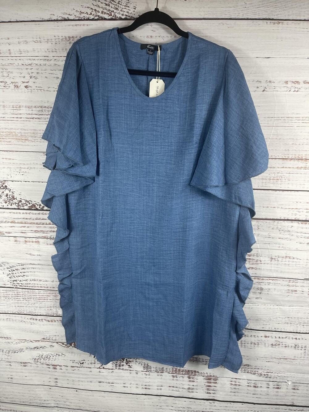 Shall We Ruffle Sleeve Dress Size L  Blue Flutter Shift Tunic Casual Knee Length